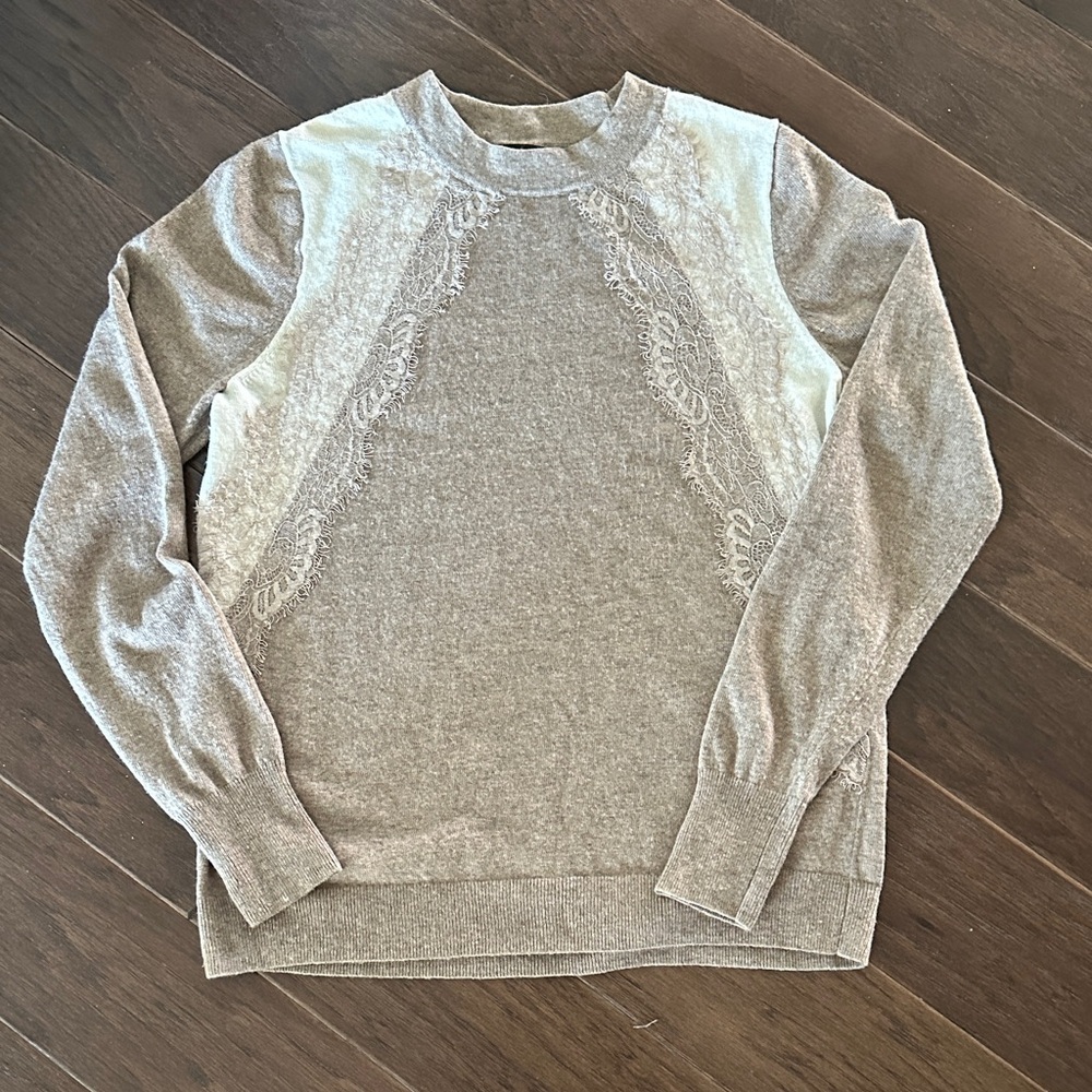 J. Crew Brown and Ivory Crew Neck wool  Sweater with lace trim